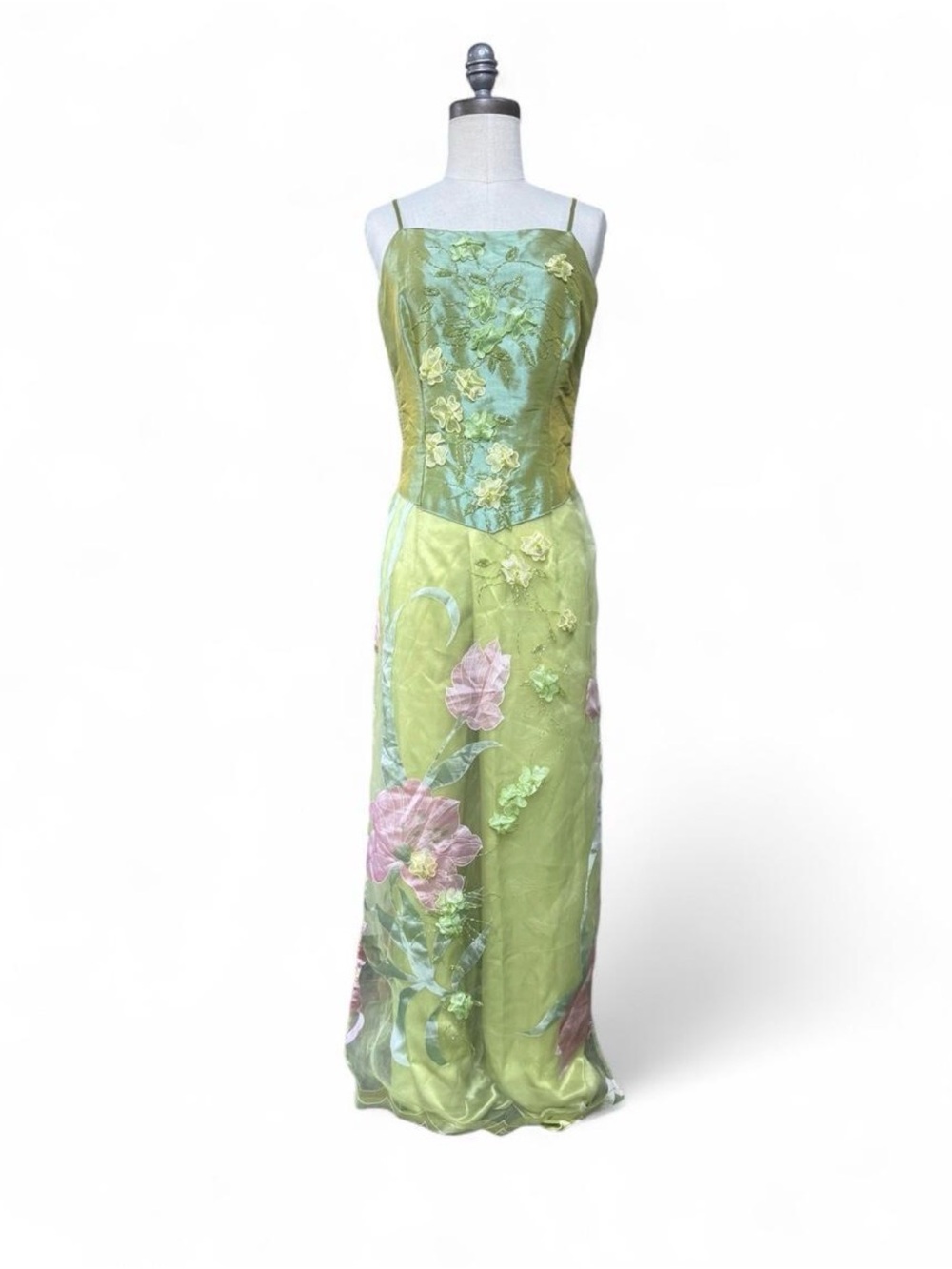Green fairycore irridescent & sheer beaded floral split dress & pants satin